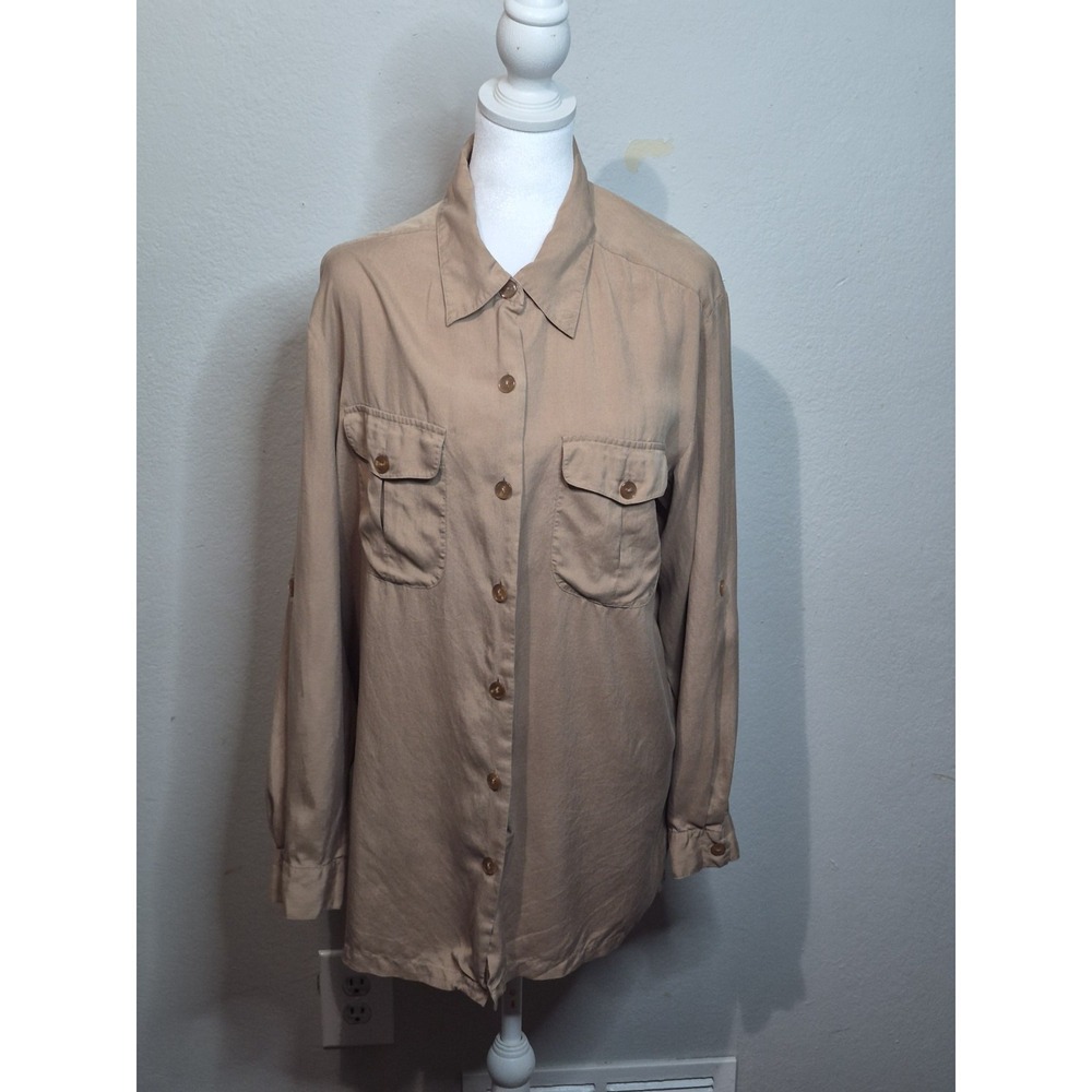Vintage Anna and Frank Brown Button Down Silk Shirt size Large Minimalist Preppy
